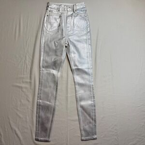 Studio R330 25 Jeans Denim High Rise Skinny Coated Metallic Icy Gray Silver NWOT